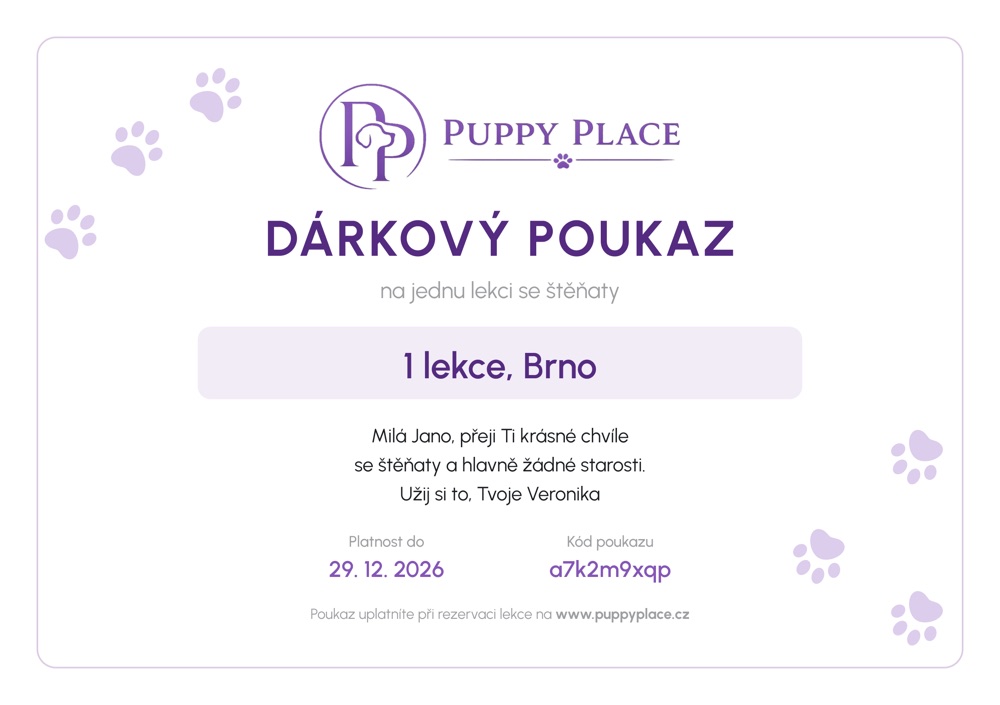 Ukázka dárkového poukazu Puppy Place
